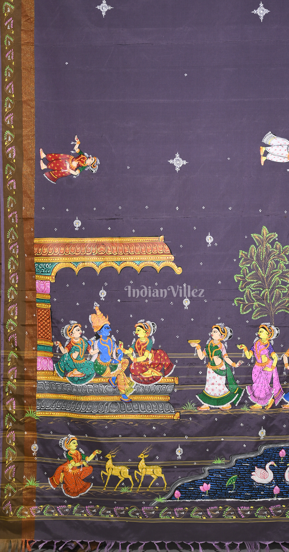 Purple Krishna Raas Leela  Hand-Painted Pattachitra Saree