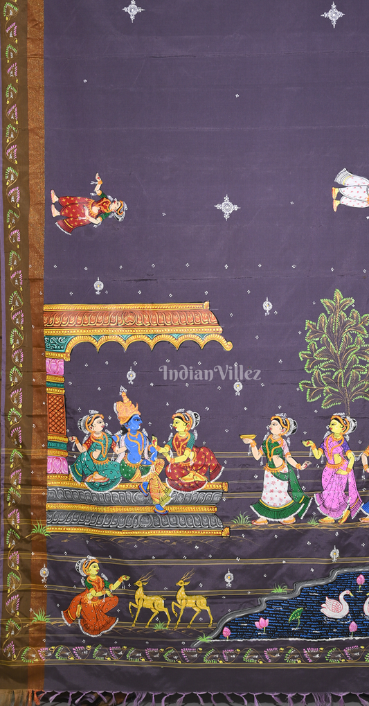 Purple Krishna Raas Leela  Hand-Painted Pattachitra Saree
