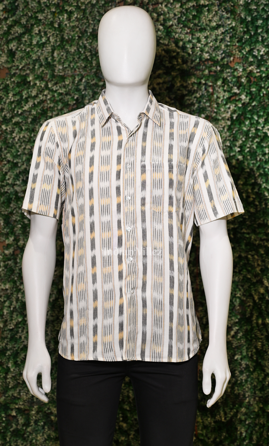 White Black Odisha Ikat Cotton Half Sleeve Shirt for Men 
