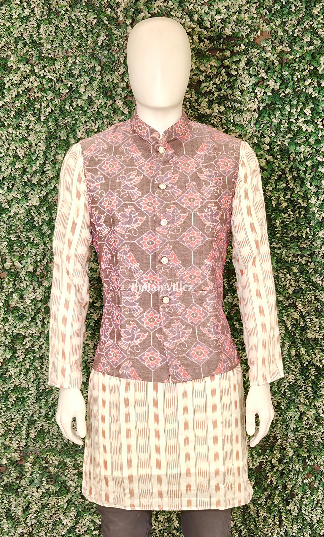 Grey Pink Flower Motif Odisha Ikat Half Bandi Jacket for Men 
