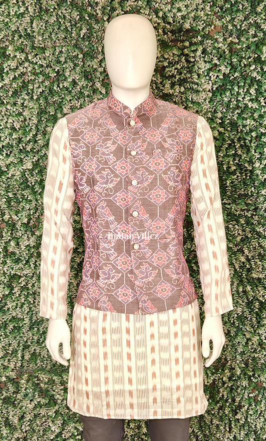 Grey Pink Flower Motif Odisha Ikat Half Bandi Jacket for Men 
