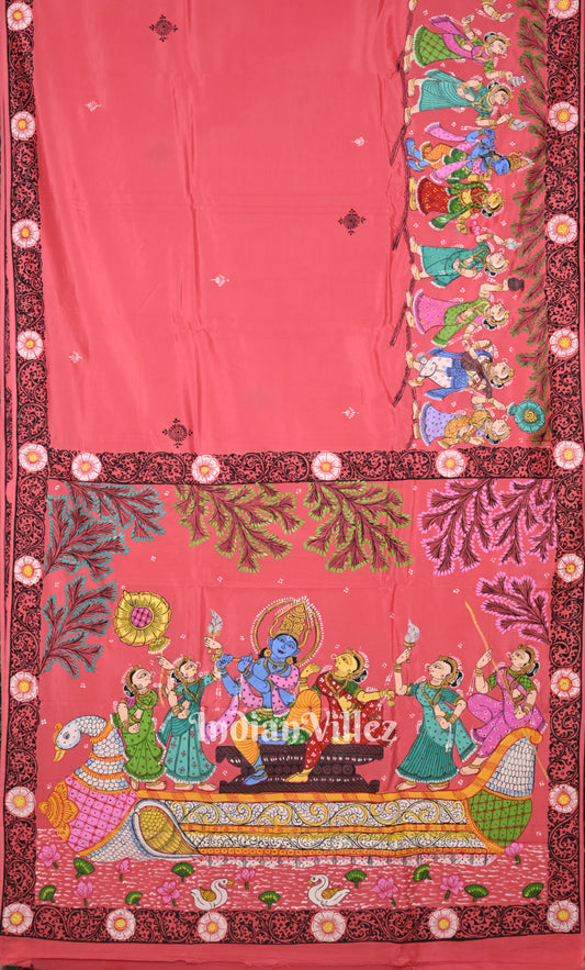 Peach Radha Krishna Boita Bandana Hand-Painted Pattachitra Saree 