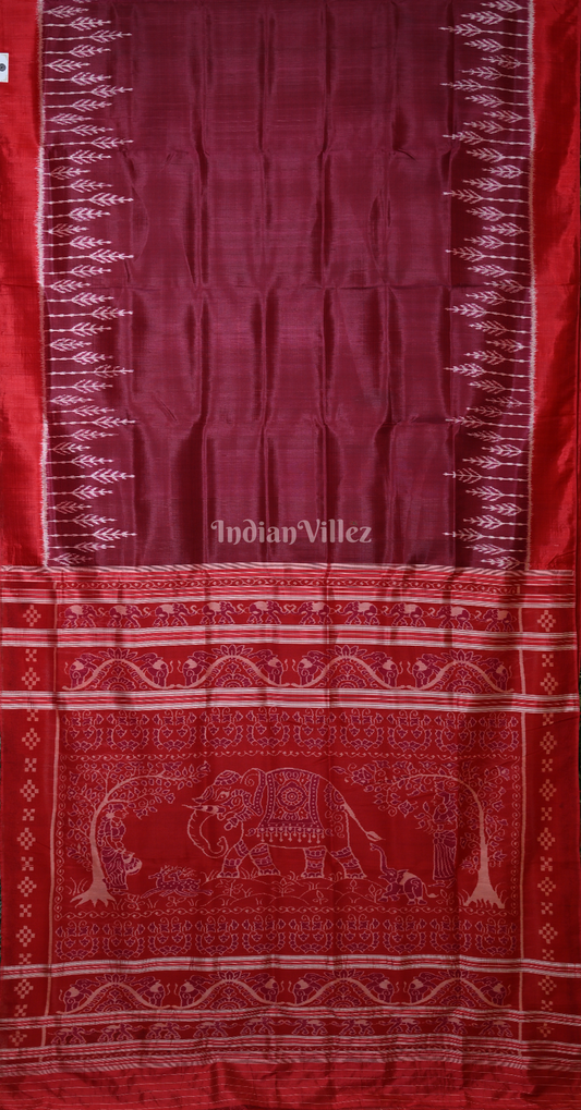 Wine Red Odisha Ikat Contemporary Designer Saree with Elephant Anchal