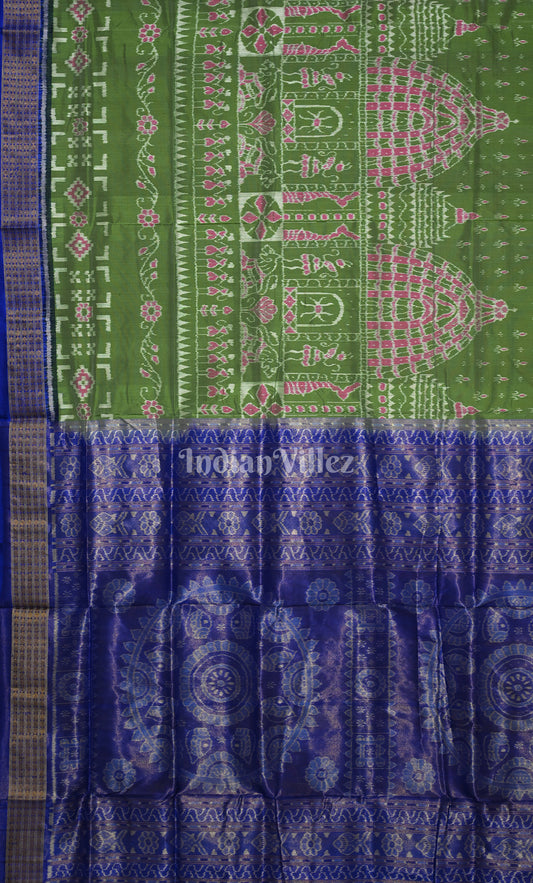 Mehendi Green Blue Tribal Theme Odisha Ikat Sambalpuri Half Tissue Silk Saree 