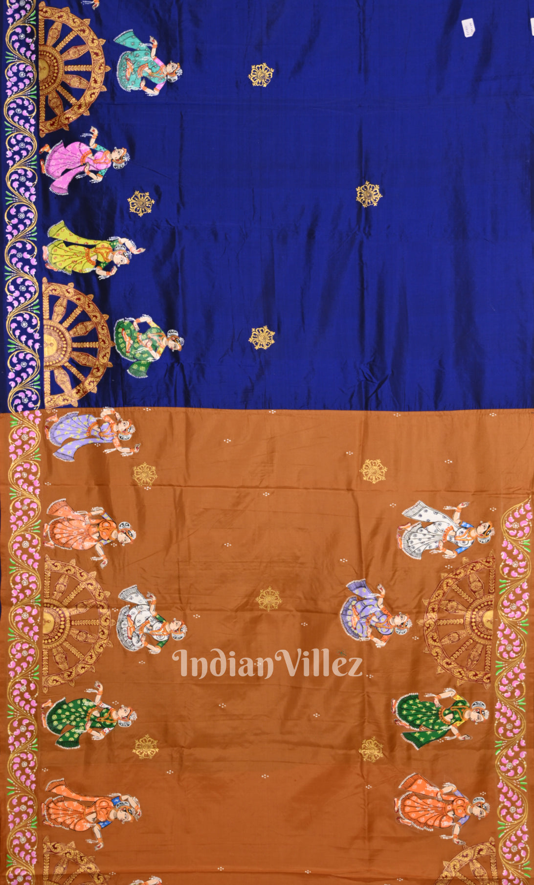 Rust Orange Blue Nartaki Konark Temple Hand-Painted Pattachitra Saree