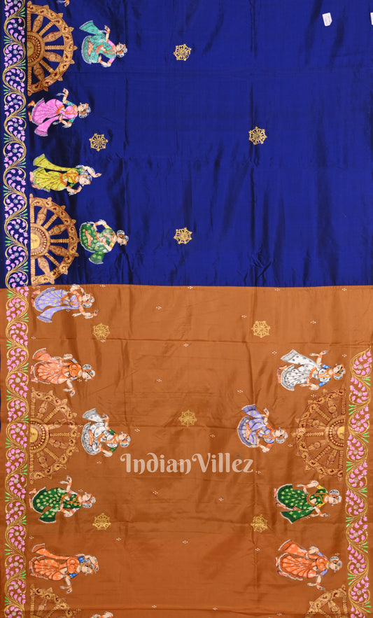 Rust Orange Blue Nartaki Konark Temple Hand-Painted Pattachitra Saree