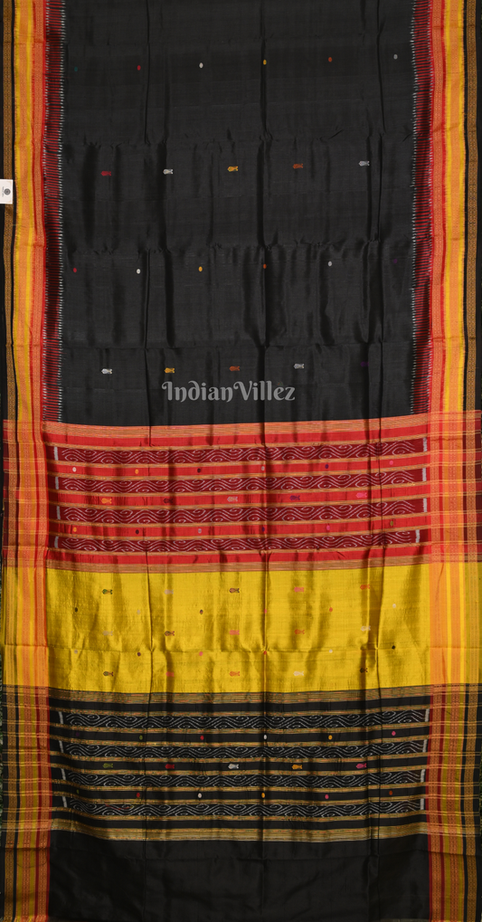 Black Kathiphera Odisha Ikat Khandua Silk Saree with Fish Motif Anchal