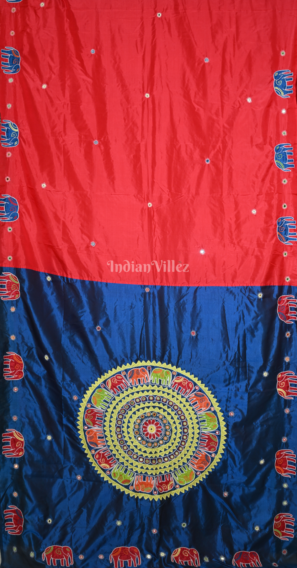 Red Blue Hand Embroidered Applique Work Saree