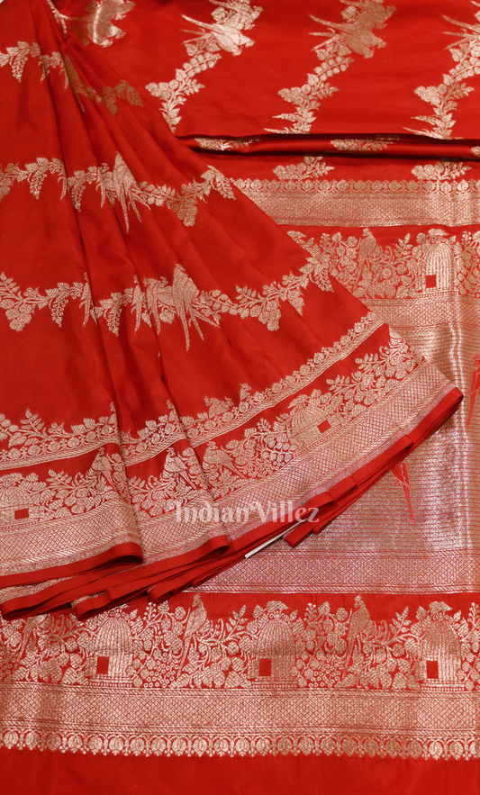 Exclusive Bridal Red Shikargah Theme Pure Katan Banarasi Silk Saree