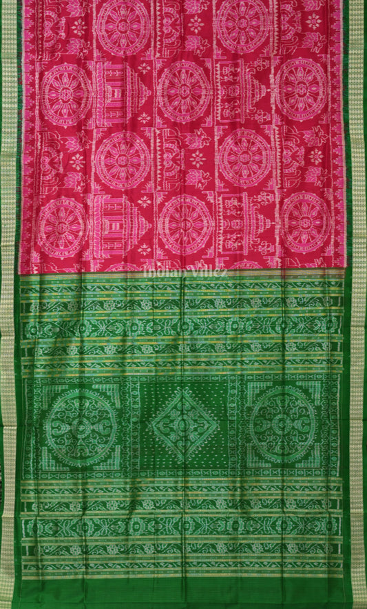 Red Green Konark Temple & Wheel Theme Odisha Ikat Sambalpuri Silk Saree 