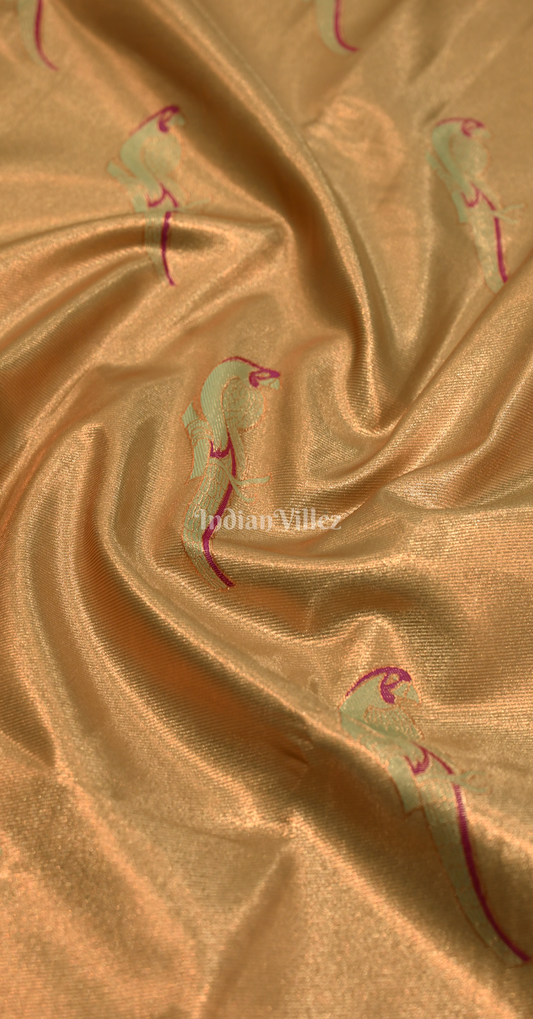 Light Golden Rani Pink Parrot Motif Pure Kanjivaram Tissue Silk Saree 
