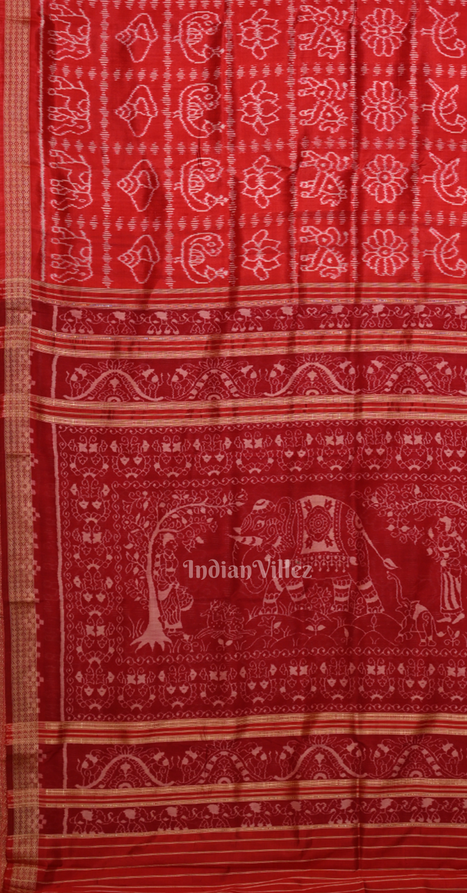 Red Nabakothi Odisha Ikat Sambalpuri Silk Saree with Elephant Motif Anchal