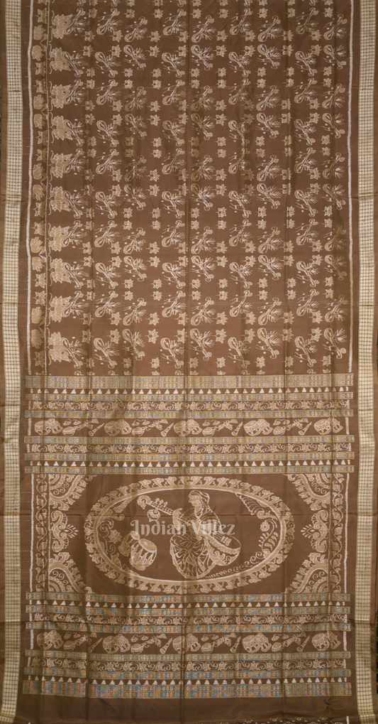 Mashroom Brown Veena Motif Odisha Ikat Sambalpuri Silk Saree 