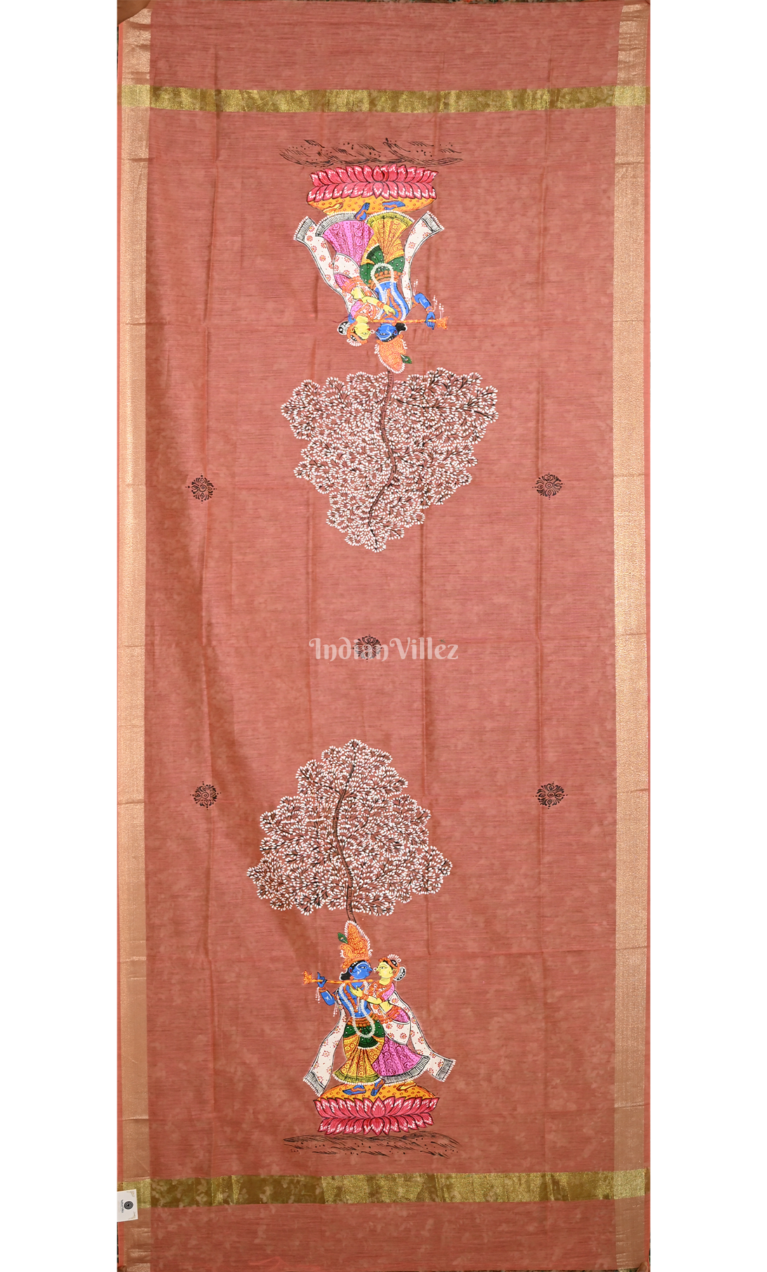 Peach Red Radha Krishna Raas Leela Hand-Painted Pattachitra Chanderi Dupatta 
