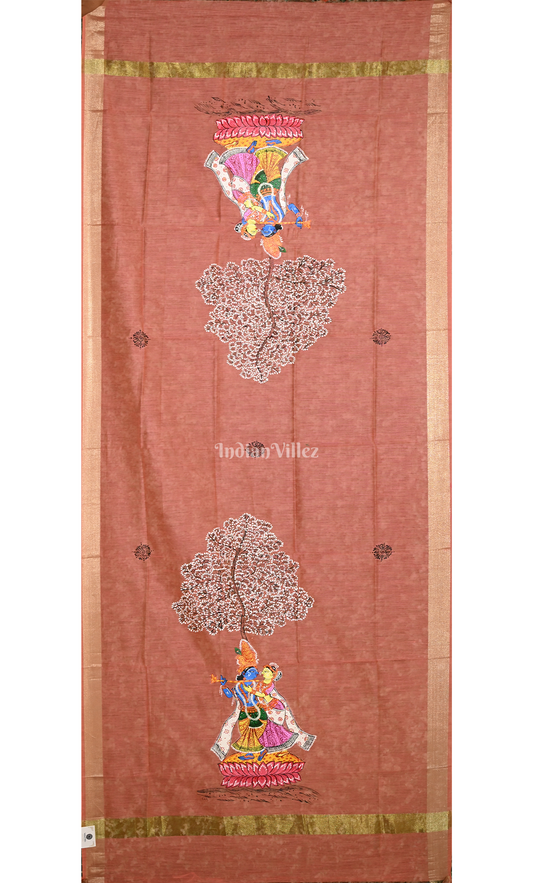 Peach Red Radha Krishna Raas Leela Hand-Painted Pattachitra Chanderi Dupatta 
