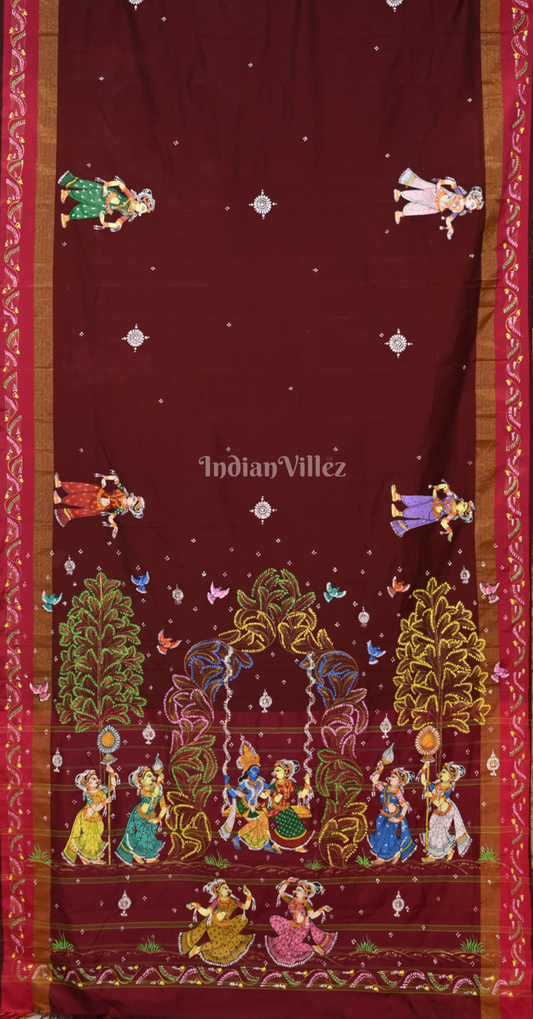 Maroon Radha Krishna Doli Theme Hand-Painted Pattachitra Saree 