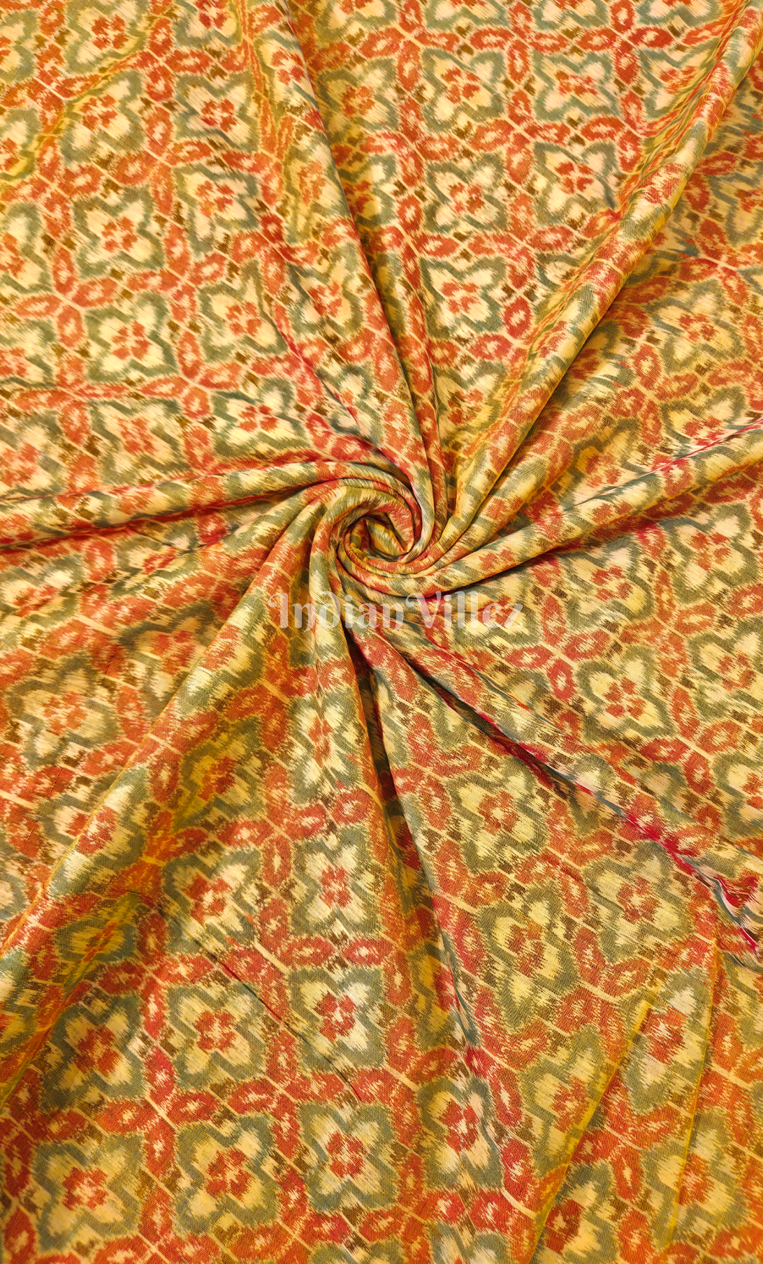 Mustard Yellow Green Geometric Flower Motif Sambalpuri Odisha Ikat Cotton Fabric 
