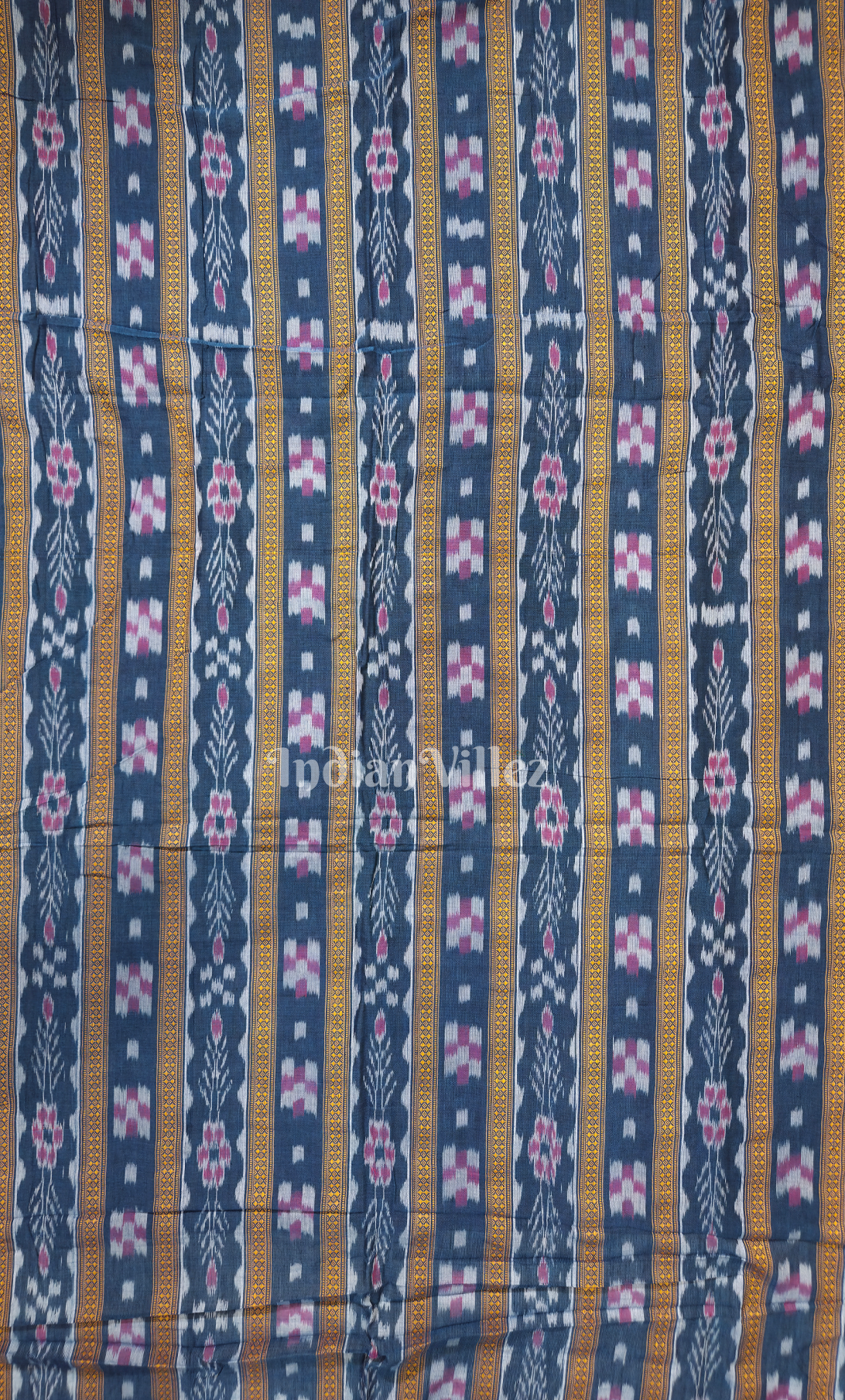 Blue Yellow Pasapali Flower Theme Odisha Ikat Sambalpuri Cotton Fabric 