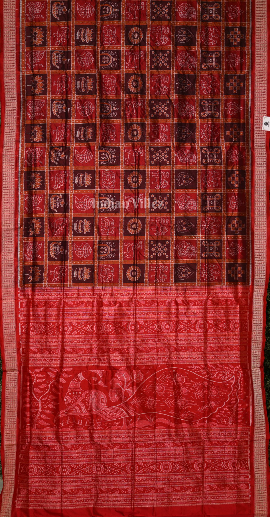 Red Coffee Nabakothi Odisha Ikat Sambalpuri Silk Saree with Peacock Anchal