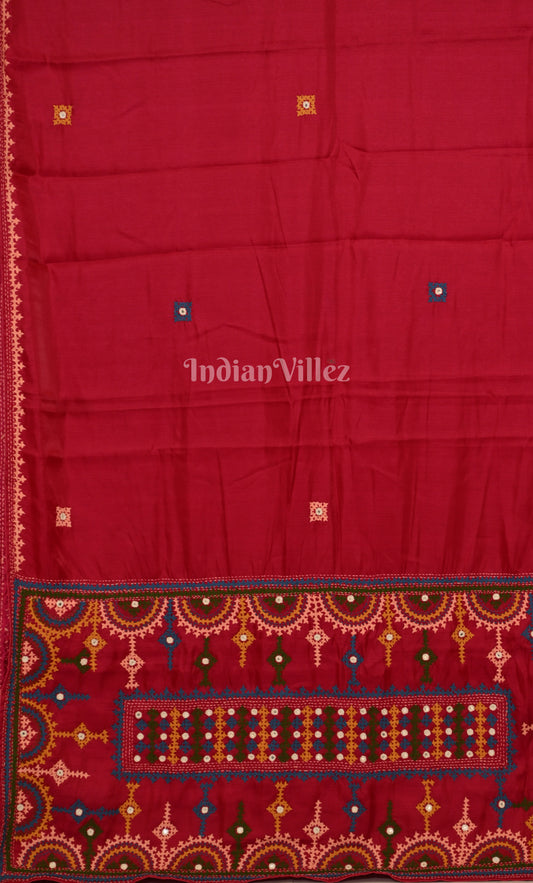 Red Thread Work Hand Embroidery Kutch Work Silk Saree