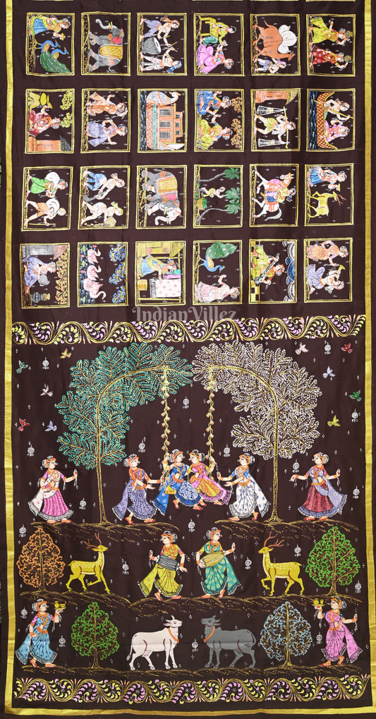 Coffee Village Theme Hand- Painted Pattachitra Saree