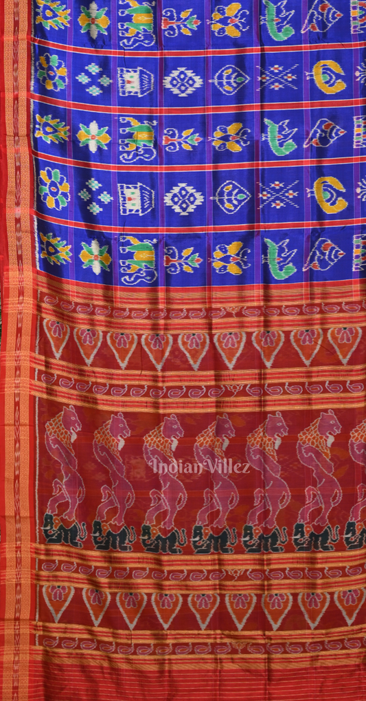 Royal Blue Red Nabakothi Odisha Ikat Khandua Silk Saree with Nartaki Anchal