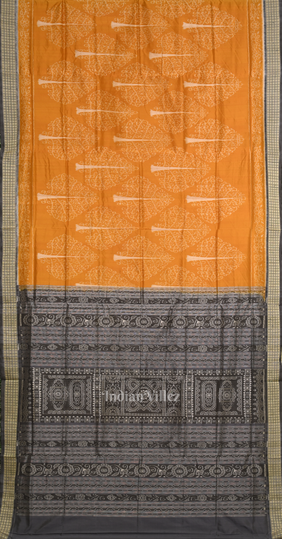 Mustard Yellow Black Tree Design Odisha Ikat Sambalpuri Silk Saree