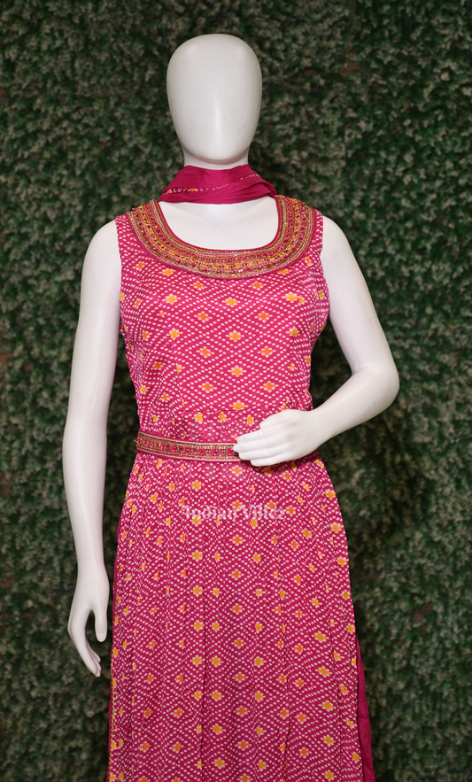 Rani Pink Georgette Sequins Kurta Plazzoo with Dupatta Set