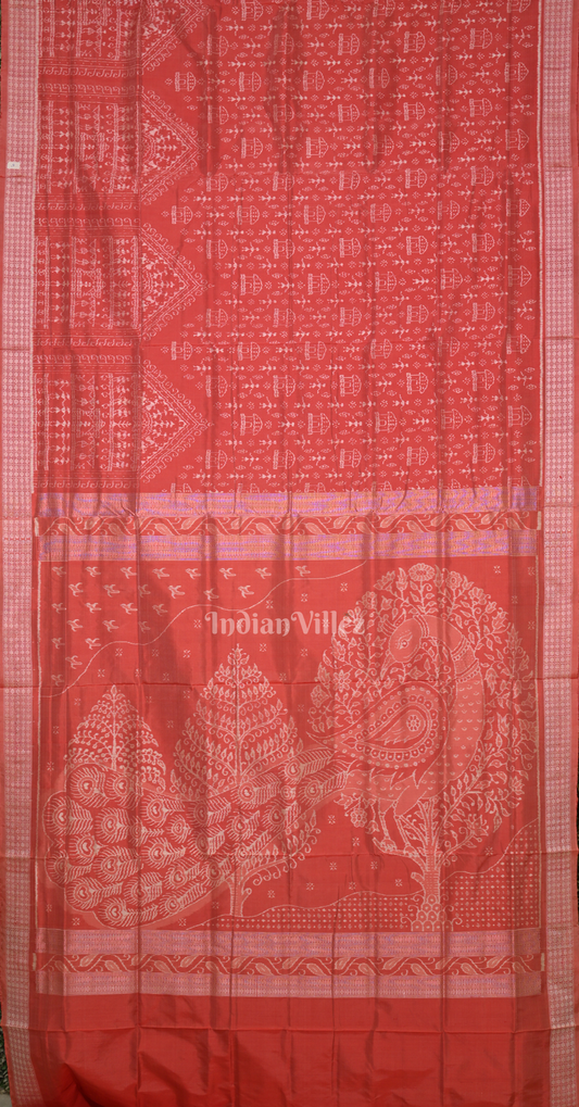 Exclusive Red House Tribals Odisha Ikat Sambalpuri Silk Saree with Peacock Anchal