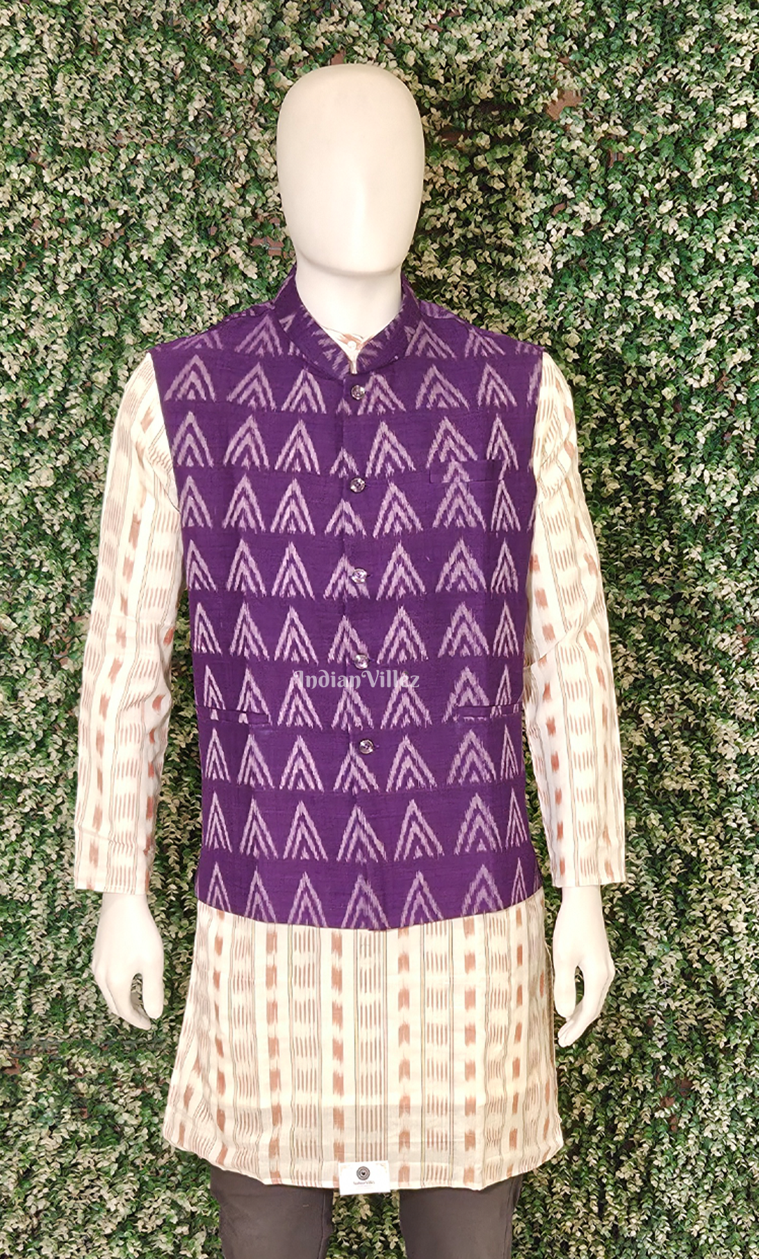 Purple Chita Design Odisha Ikat Half Bandi Jacket for Men 