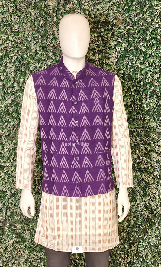 Purple Chita Design Odisha Ikat Half Bandi Jacket for Men 