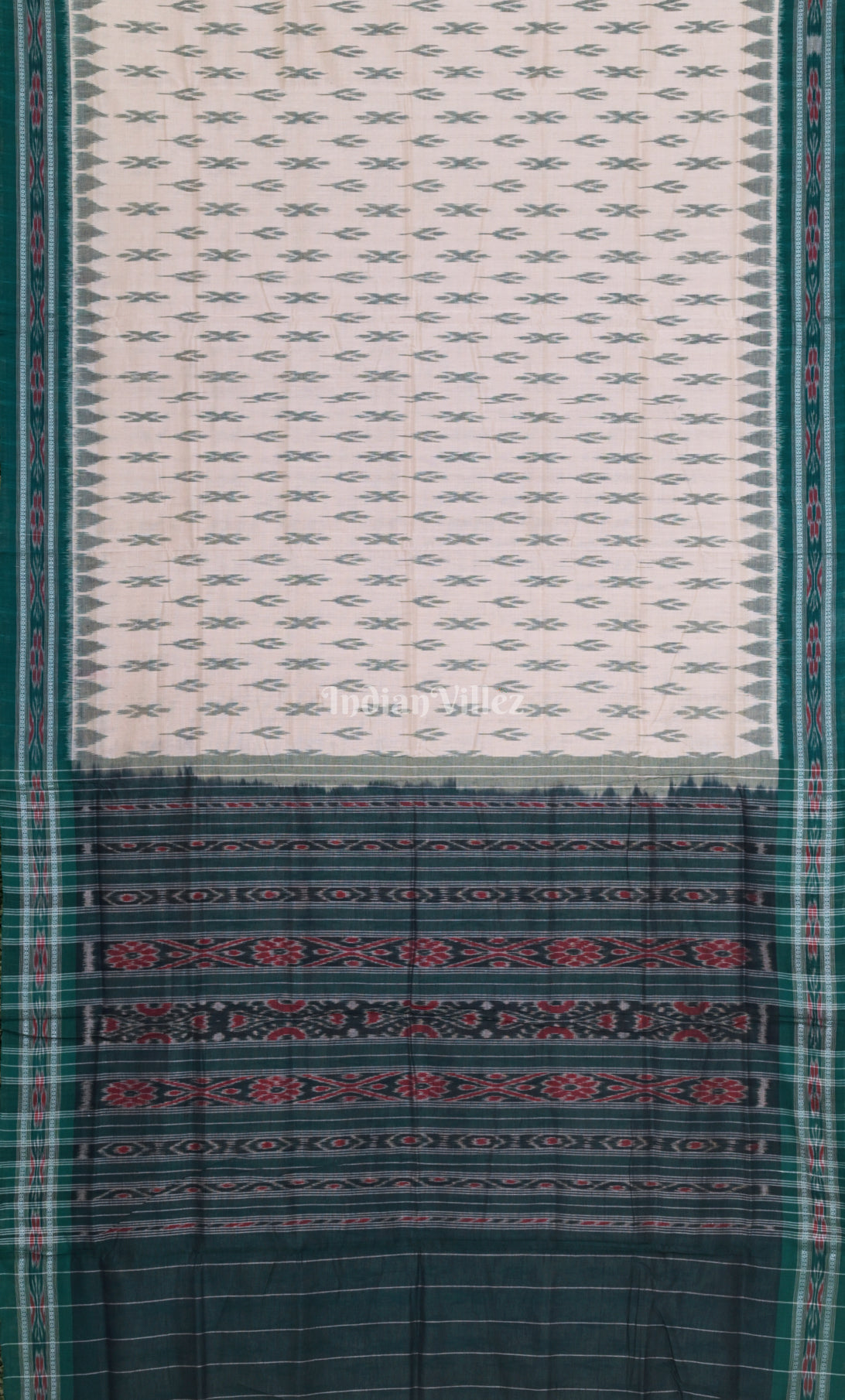 White Green Mayur Chandrika Odisha Ikat Maniabandha Cotton Saree 
