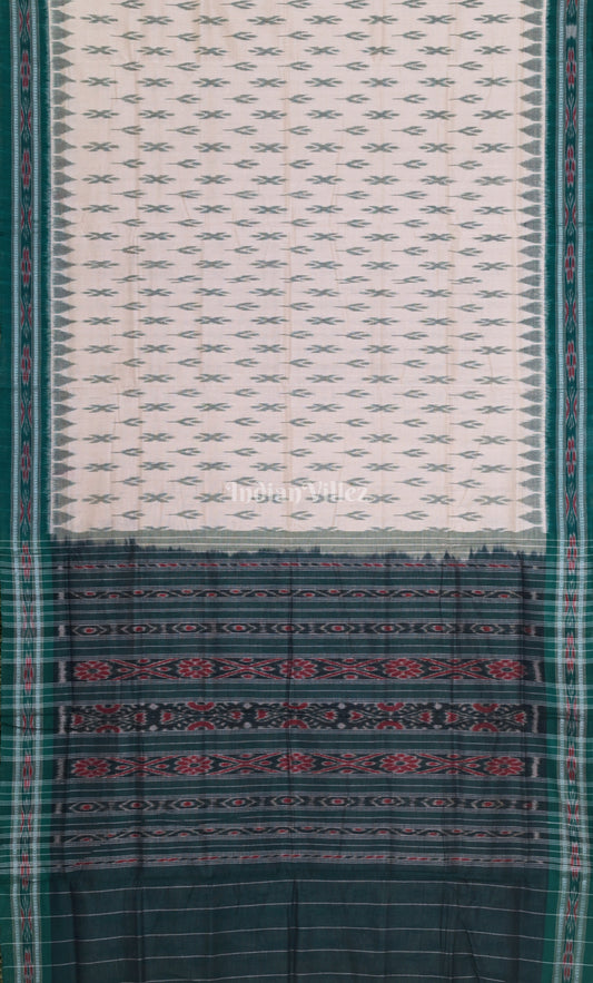 White Green Mayur Chandrika Odisha Ikat Maniabandha Cotton Saree 