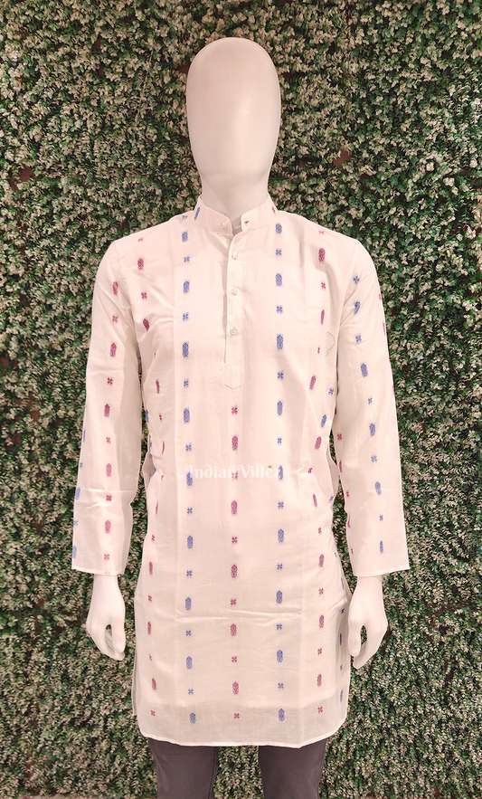 White Fish Motif Odisha Ikat Cotton Kurta for Men