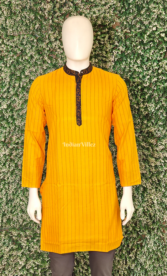 Mustard Yellow Stripped Odisha Ikat Cotton Kurta for Men