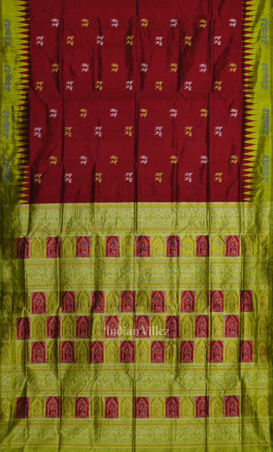 Maroon Green Tribal Doli Sawari Odisha Ikat Bomkai Sambalpuri Silk Saree