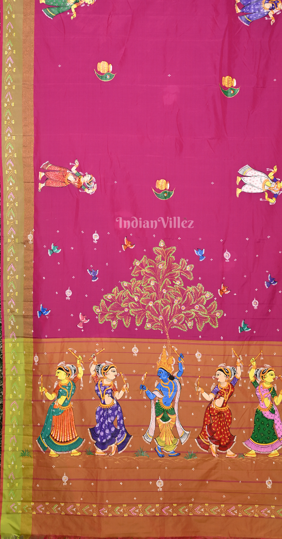 Rani Pink Krishna Raas Leela Hand-Painted Pattachitra Saree