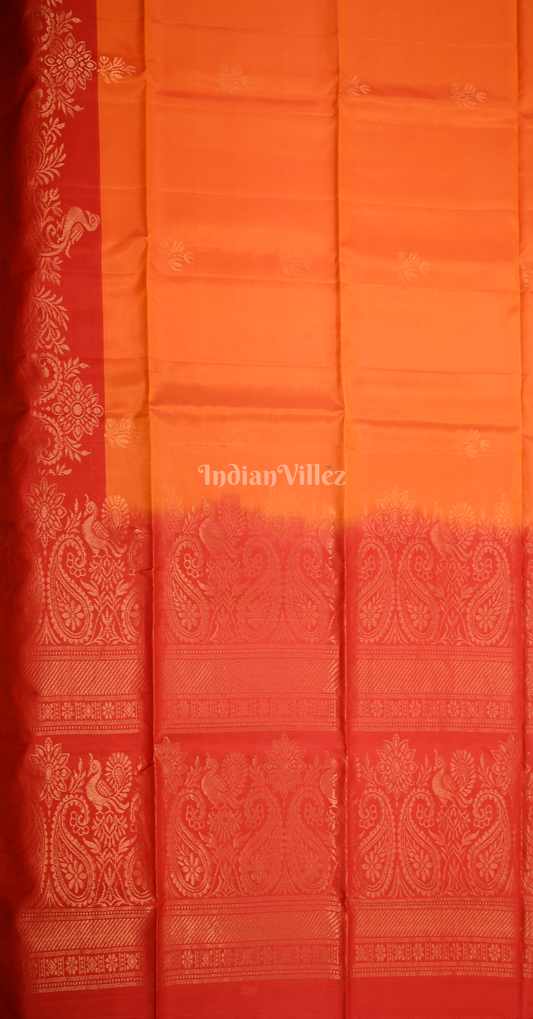 Orange Red Floral Zari Pure Kanjivaram Soft Silk Saree