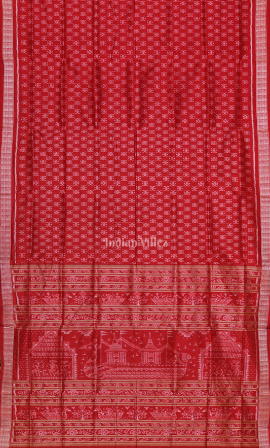 Red  Odisha Ikat Sambalpuri Silk Saree with Boita Bandana Anchal