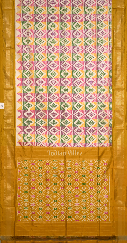 Off white with Mustard Yellow Pochampally Ikat Silk Saree