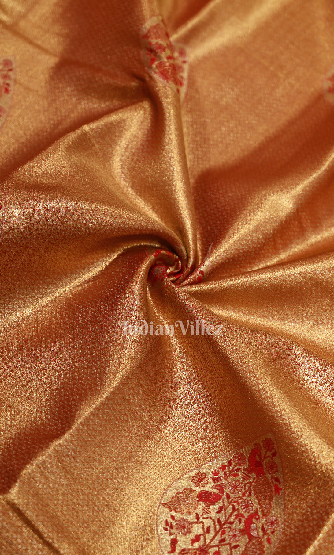 Light Orange Red Paisley Pure Kanjivaram Tissue Silk Saree 