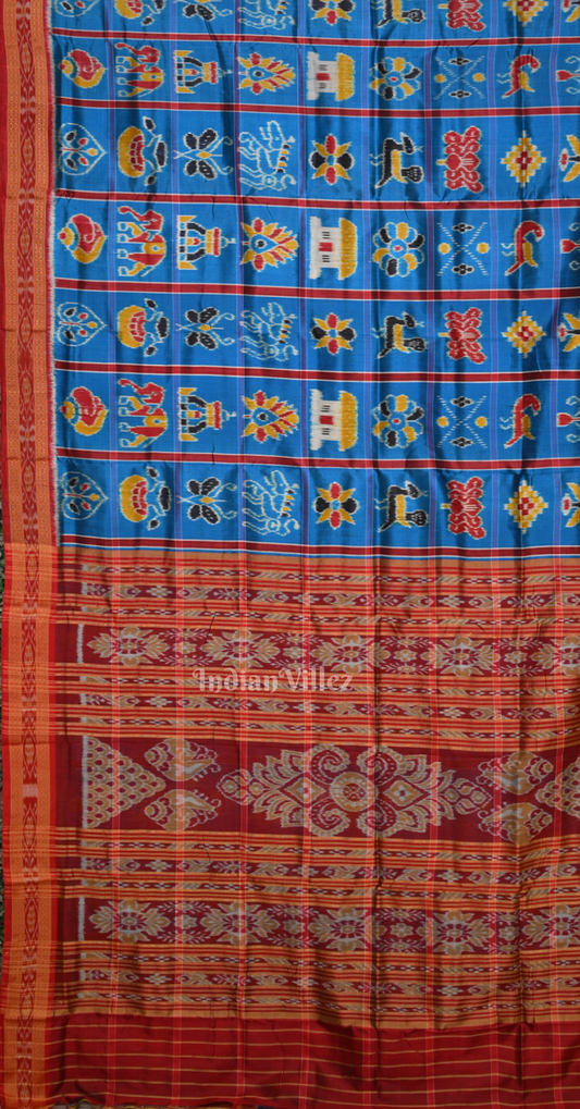 Ocean Blue Maroon Nabakothi Odisha Ikat Khandua Silk Saree 