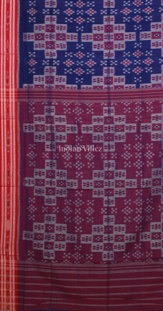 Blue Maroon Pasapali 5D Odisha Ikat Sambalpuri Cotton Saree