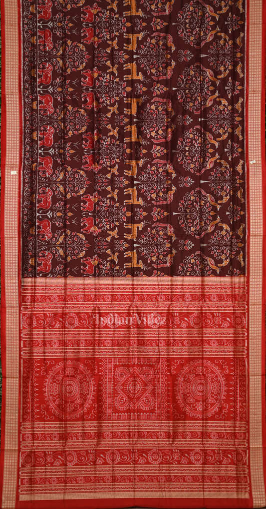 Coffee Maroon Jungle Theme Odisha Ikat Sambalpuri Silk Saree 