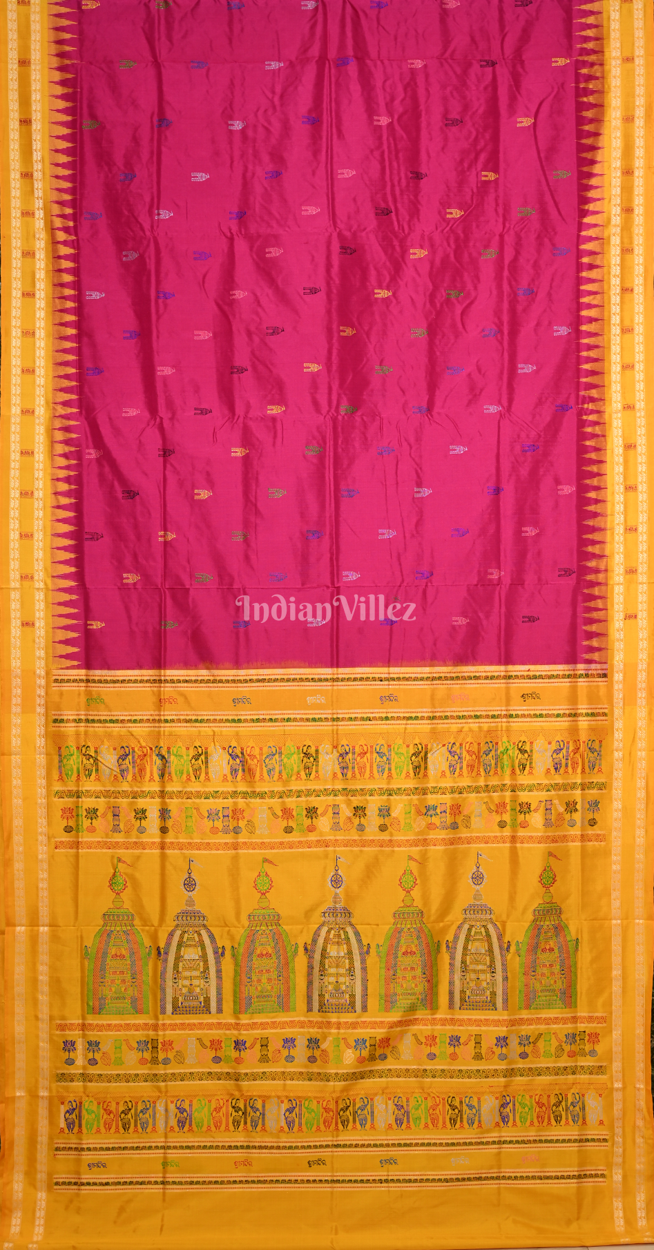 Rani Pink Yellow Shree Mandir Theme Bomkai Sambalpuri Ikat Silk Saree 