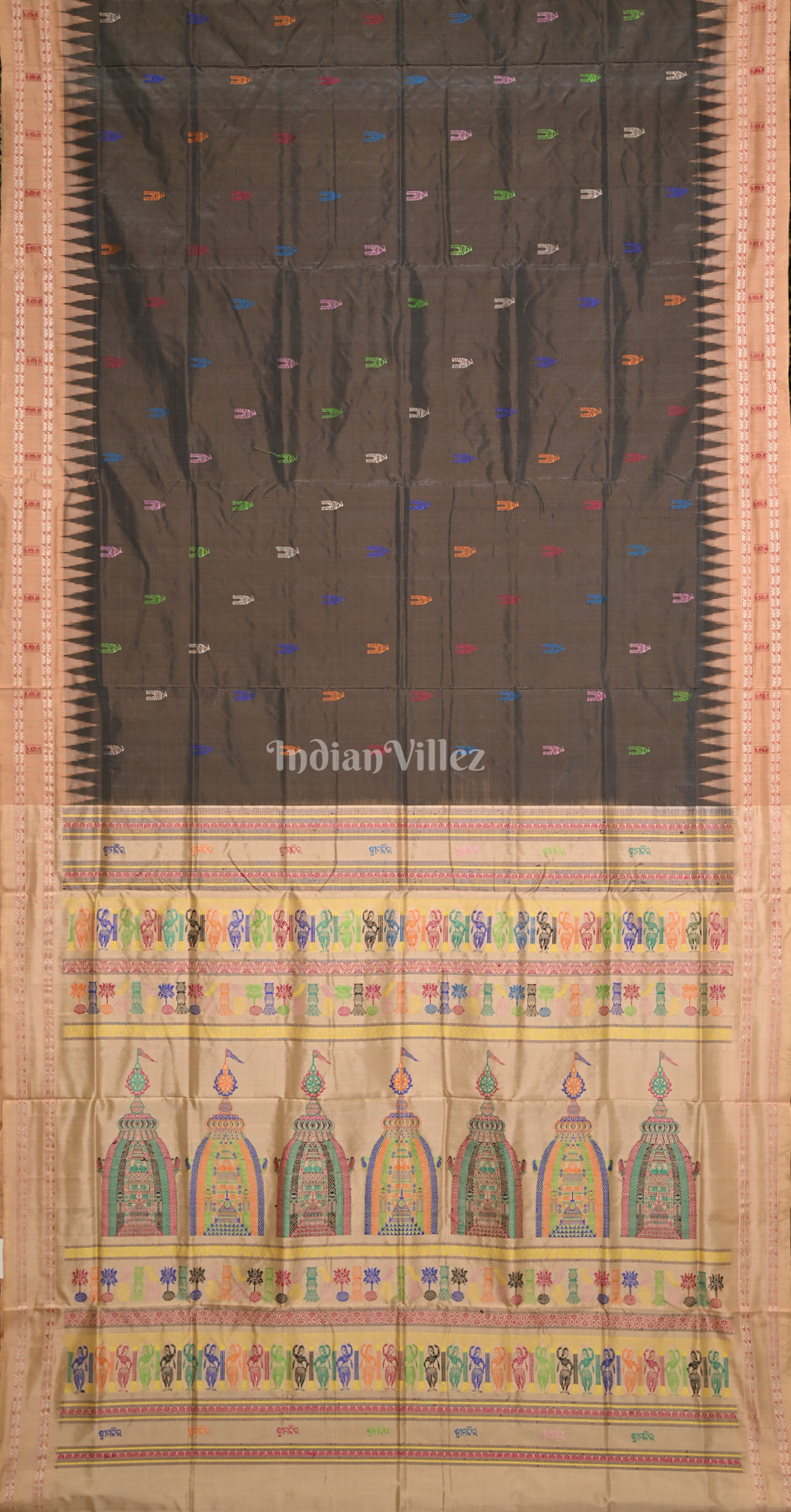 Brown Beige Shree Mandir Theme Bomkai Sambalpuri Ikat Silk Saree