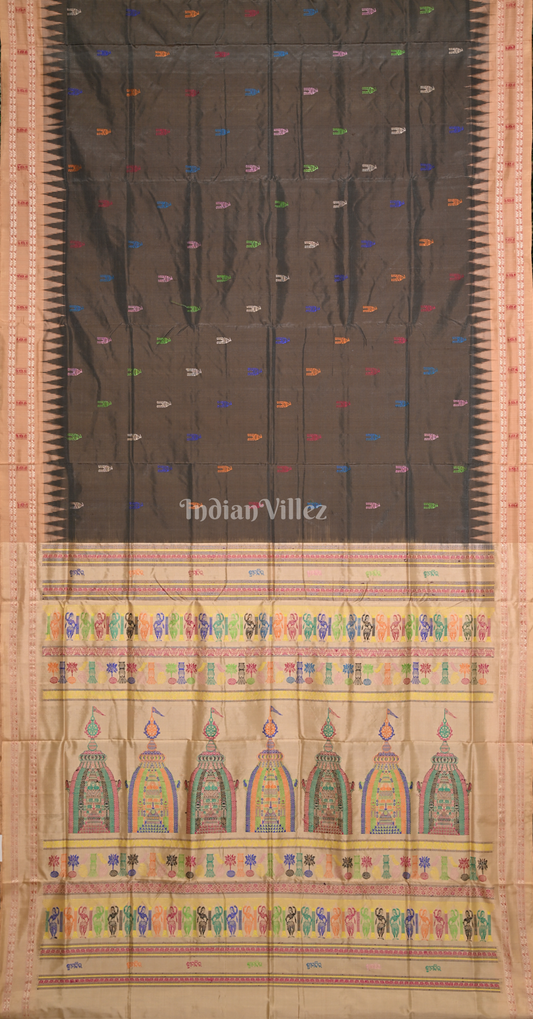 Brown Beige Shree Mandir Theme Bomkai Sambalpuri Ikat Silk Saree