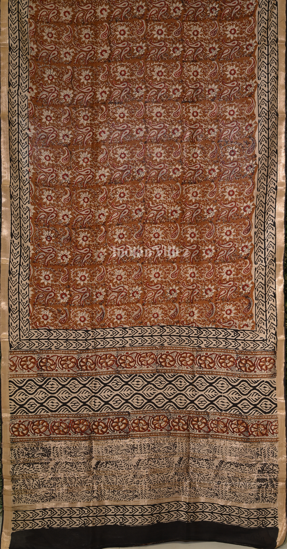 Maroon Block Printed Bagru Cotton Saree 