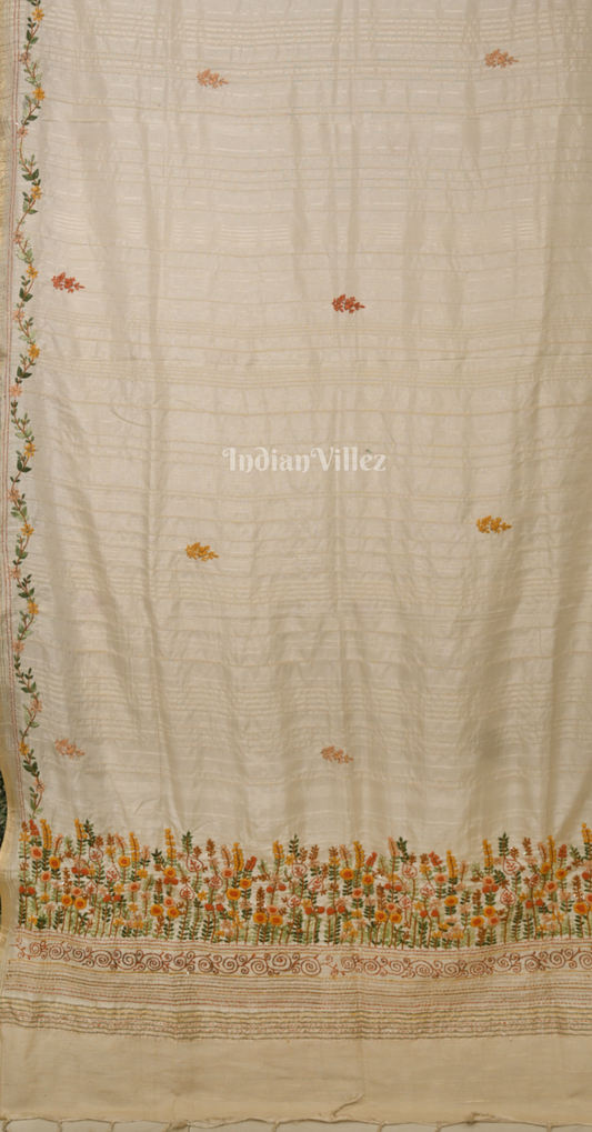 Off White Tussar Silk Saree with Floral Embroidery Work