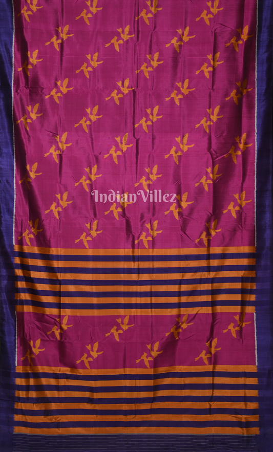 Rani Pink Blue Bird Motif Odisha Ikat Contemporary Designer Silk Saree 